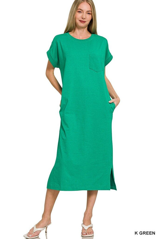 Round Neck SS Midi Dress GREEN