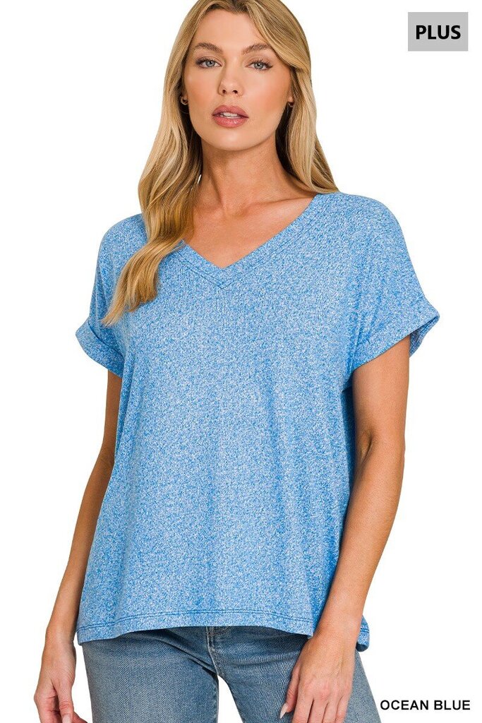 Soft Melange Hacci V-Neck BLUE- Curvy
