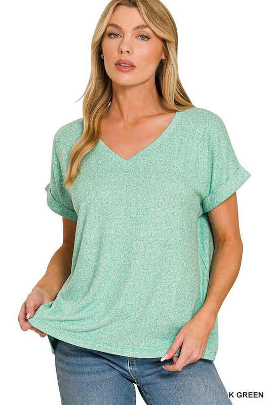 Soft Melange Hacci V-Neck K GREEN- curvy