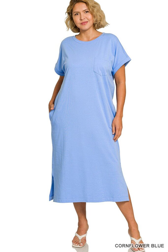 Round Neck SS Midi Dress BLUE- Curvy