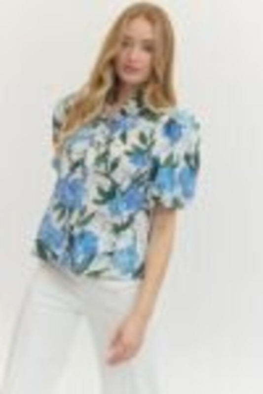 Floral Puff Sleeve Top with Ruffle Neckline
