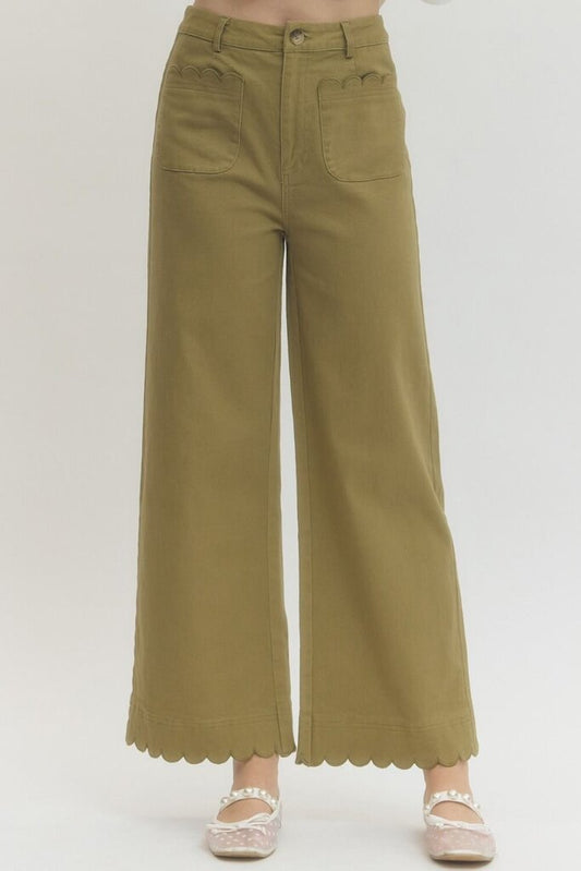 Lt Olive Scalloped Detail High Waist, Wide Leg Pant