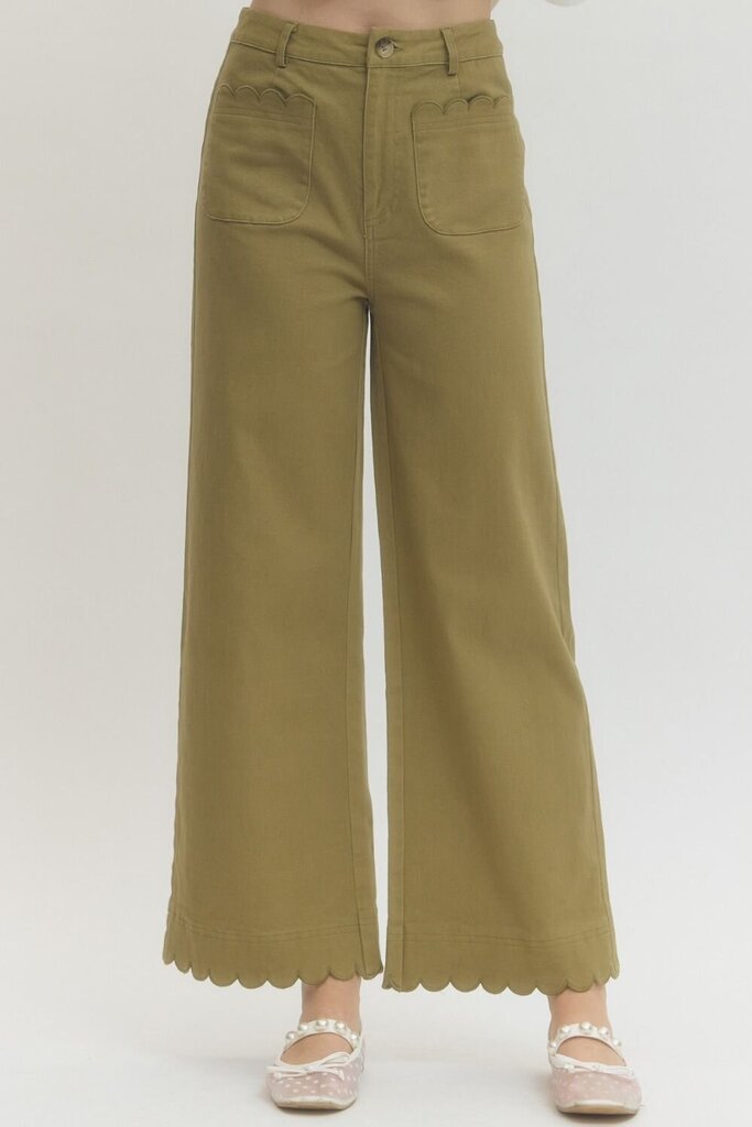 Lt Olive Scalloped Detail High Waist, Wide Leg Pant
