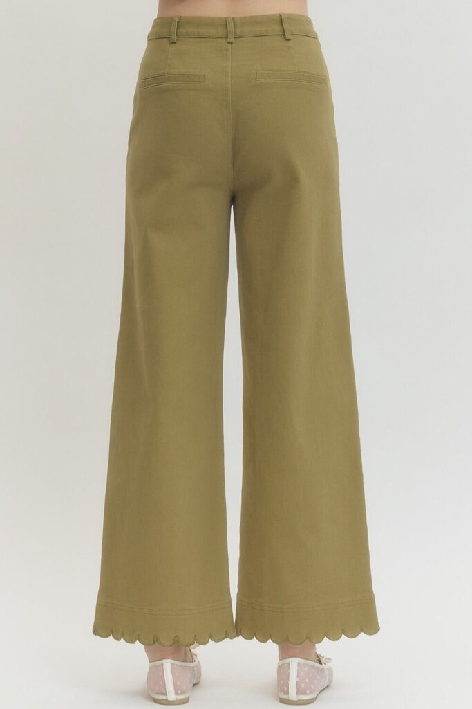 Lt Olive Scalloped Detail High Waist, Wide Leg Pant