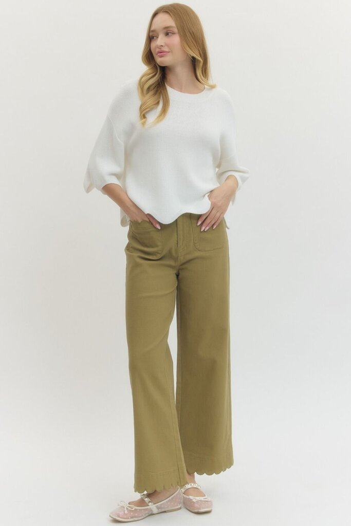 Lt Olive Scalloped Detail High Waist, Wide Leg Pant