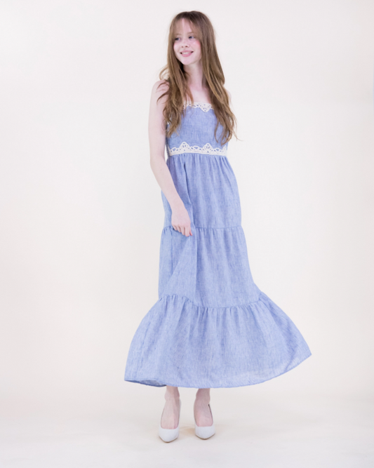 Cottage Lace Trim Chambray Maxi Dress