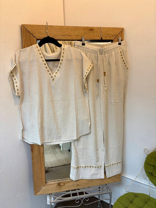 Linen Square Hem Stitch V-Neck Blouse