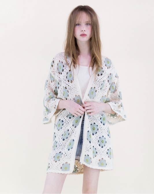 Petunia Half Sleeve Short Crochet Kimono- O/S