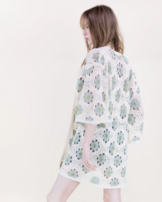 Petunia Half Sleeve Short Crochet Kimono- O/S