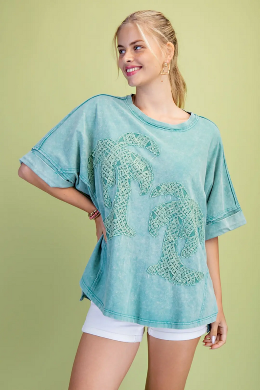 Oversized Washed T-Shirt w/Palm Trees