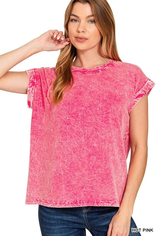 Crinkle Washed Round Neck S/S Tee (Hot Pink)