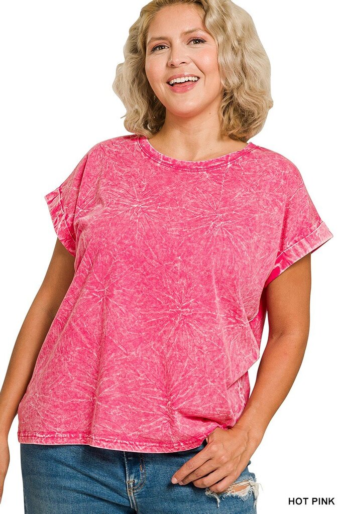 Crinkle Washed Round Neck S/S Tee (Hot Pink)