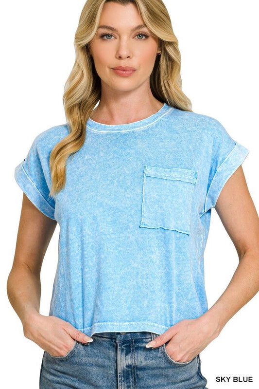 Halo Snow Washed Cotton Cuffed S/S Top (Sky Blue)