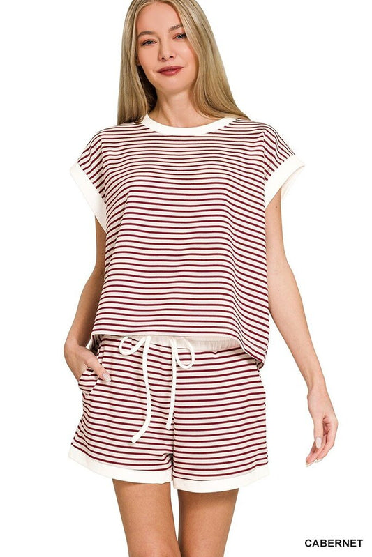 Stripe Contrast Trim Top & Shorts Set