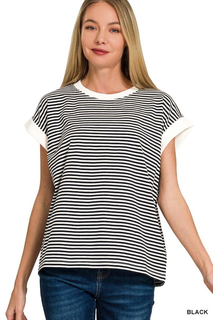 Stripe Contrast Trim Rib Banded Top (Black)