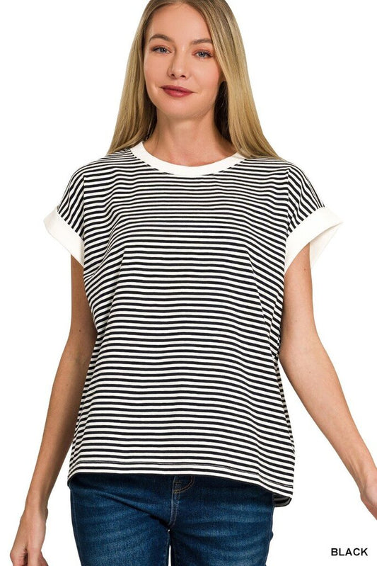 Stripe Contrast Trim Rib Banded Top (Black)
