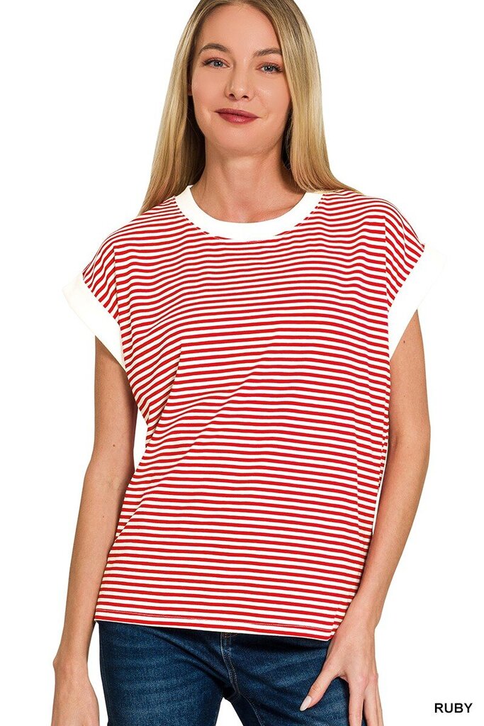 Stripe Contrast Trim Rib Banded Top (Ruby)