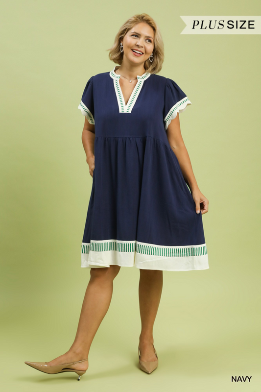 Linen Color Block Flutter Sleeve Dress