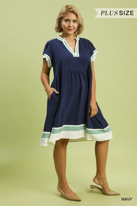 Linen Color Block Flutter Sleeve Dress