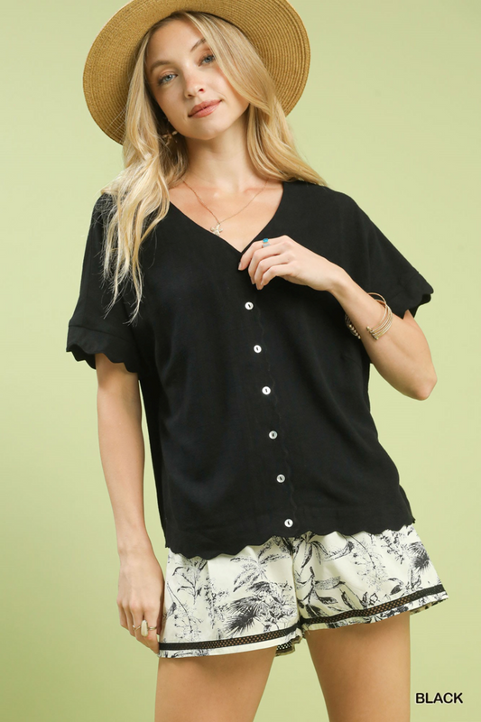 Linen Scalloped Button Front Top