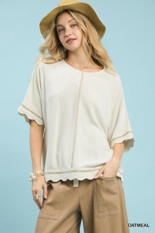 Linen Blend Scalloped Trim Top