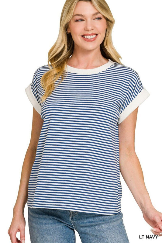 Stripe Contrast Trim Rib Banded Top (LT Navy)