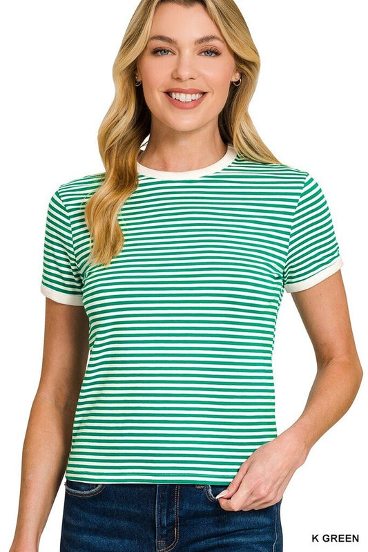 Striped Contrast Trim Rib Banded Tee ( K Green)