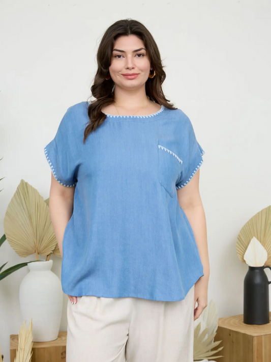 Stitch Detail S/S Chambray Top