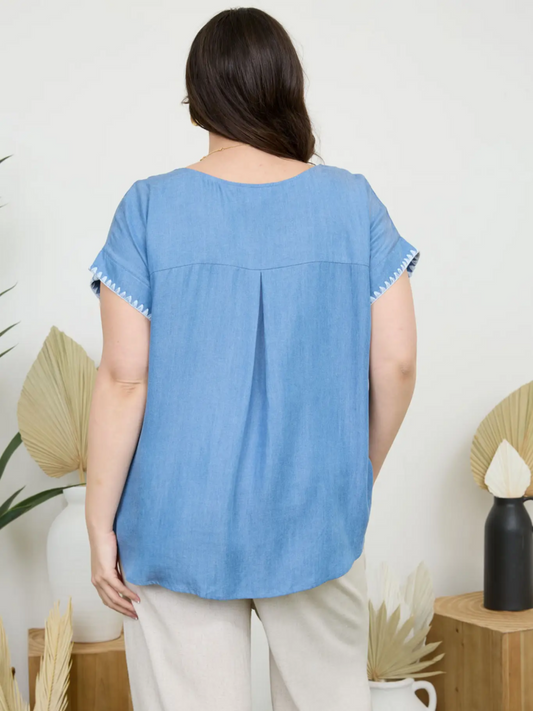 Stitch Detail S/S Chambray Top