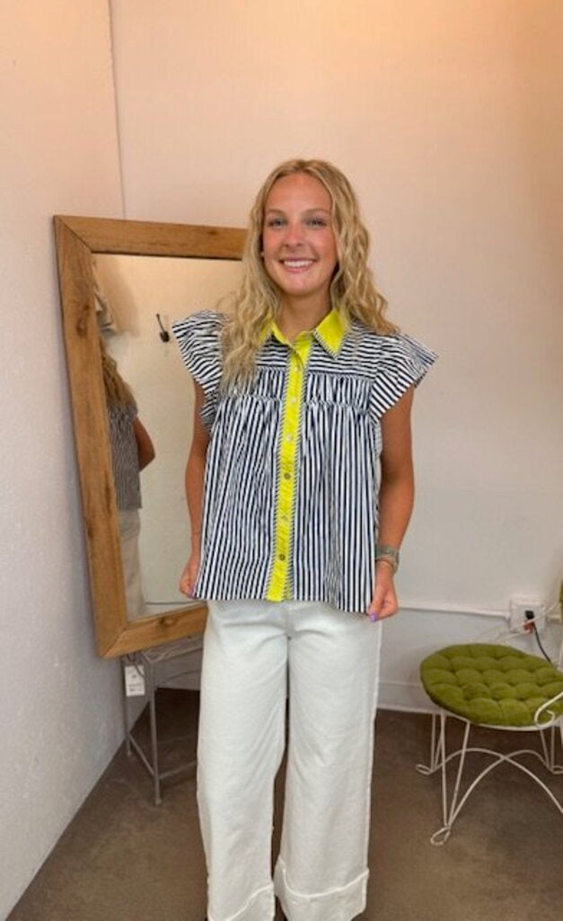 Navy & Chartreuse Striped Button Down