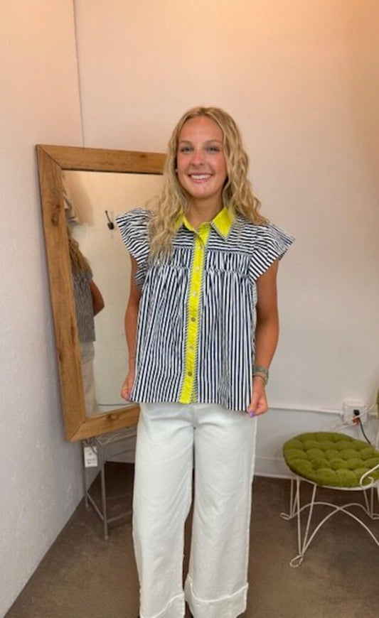 Navy & Chartreuse Striped Button Down