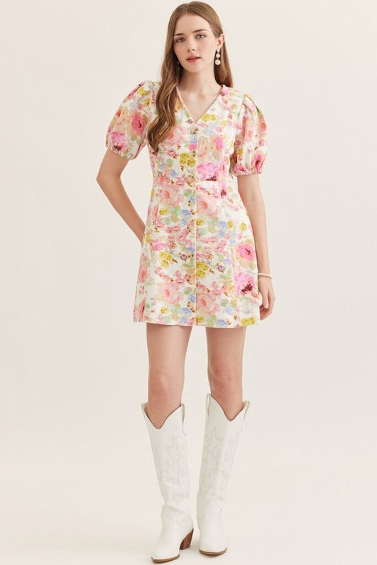 Floral Button Down Puff Slv. Dress