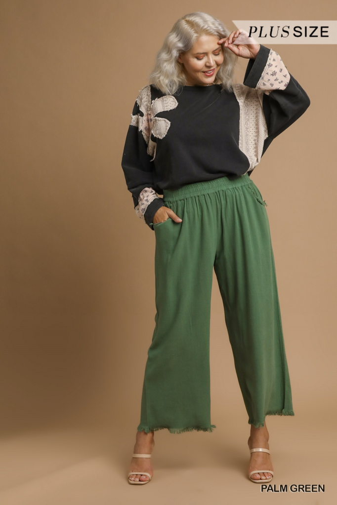 Linen Frayed Hem Wide-Leg Pant PALM GREEN