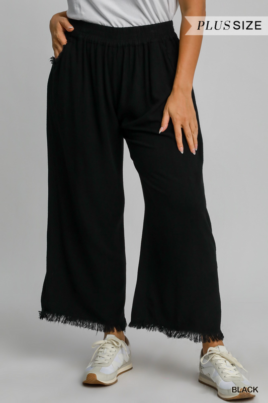 Linen Frayed Hem Wide-Leg Pant BLACK