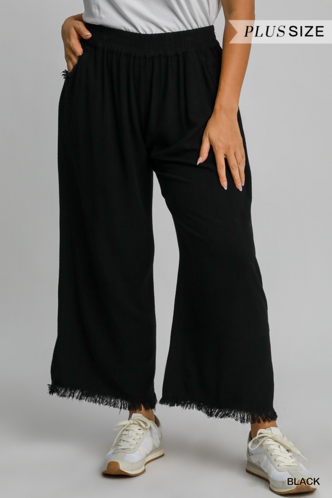 Linen Frayed Hem Wide-Leg Pant BLACK