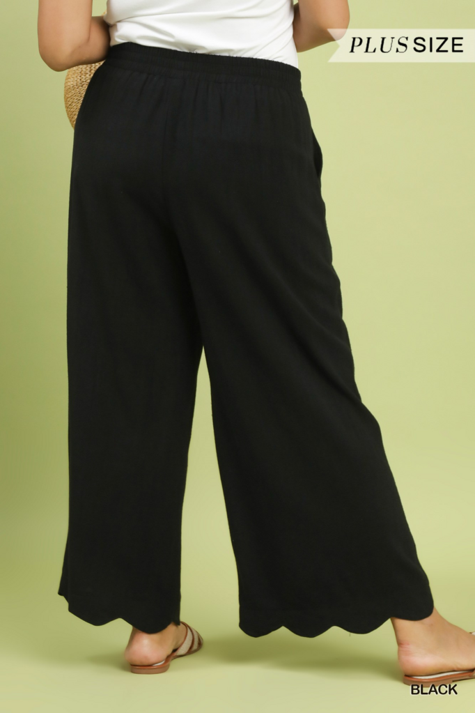 Linen Scalloped Hem Pants - BLACK