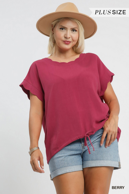 Linen Rolled Sleeve Top - BERRY