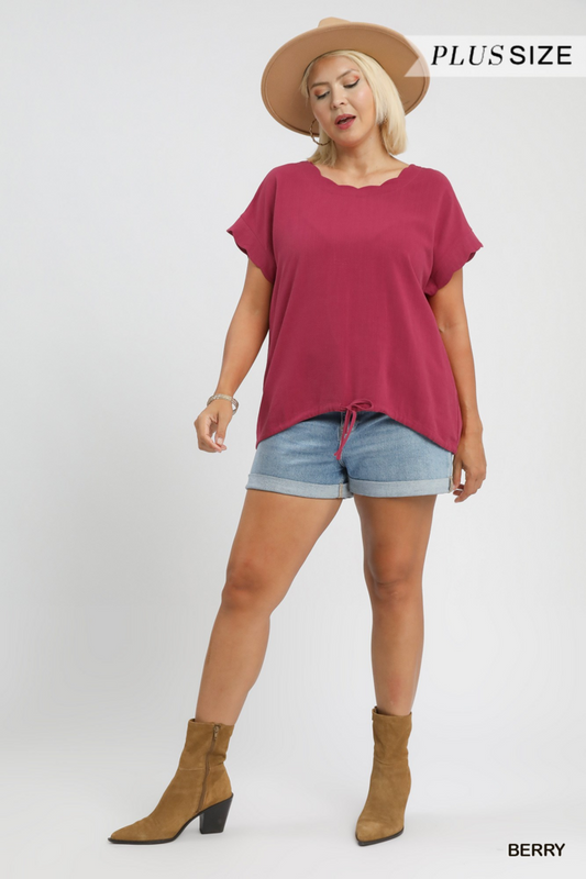 Linen Rolled Sleeve Top - BERRY