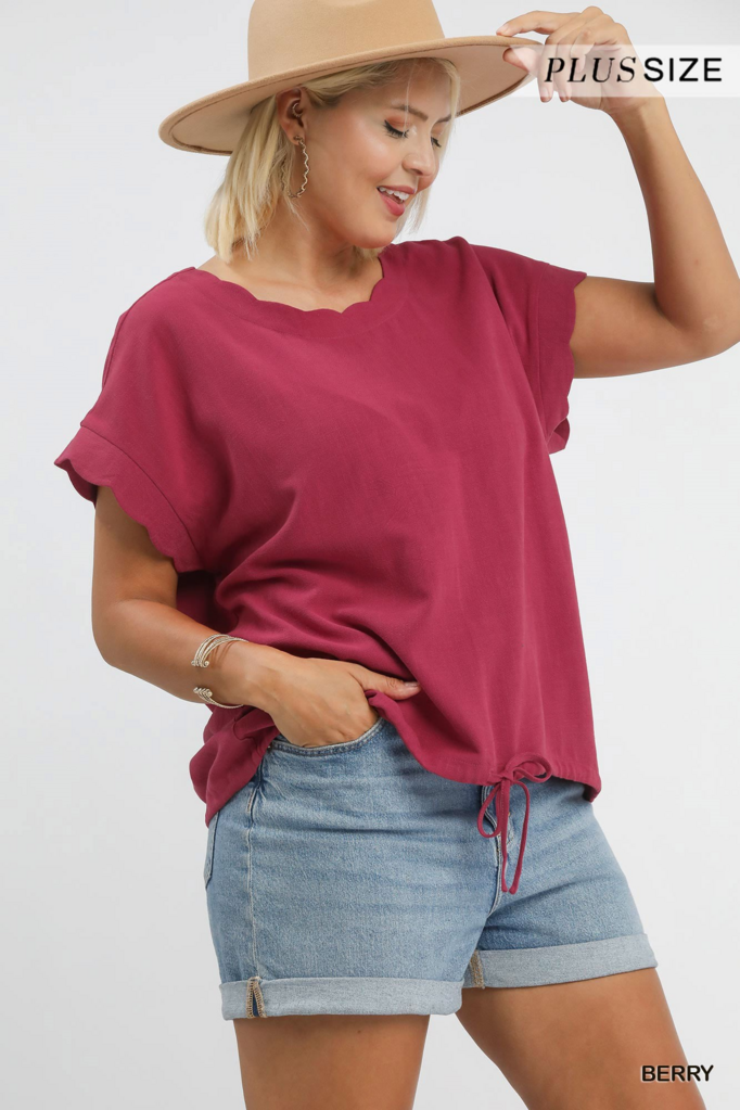 Linen Rolled Sleeve Top - BERRY