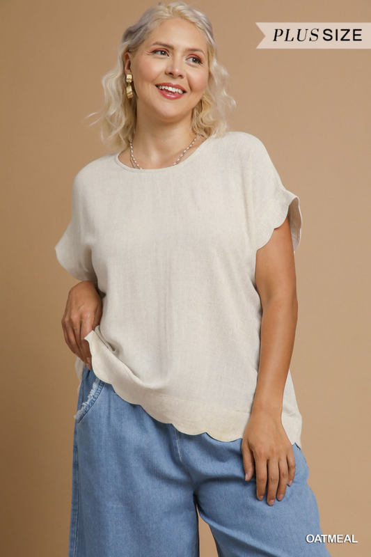 Scalloped Hem Linen Top- OATMEAL