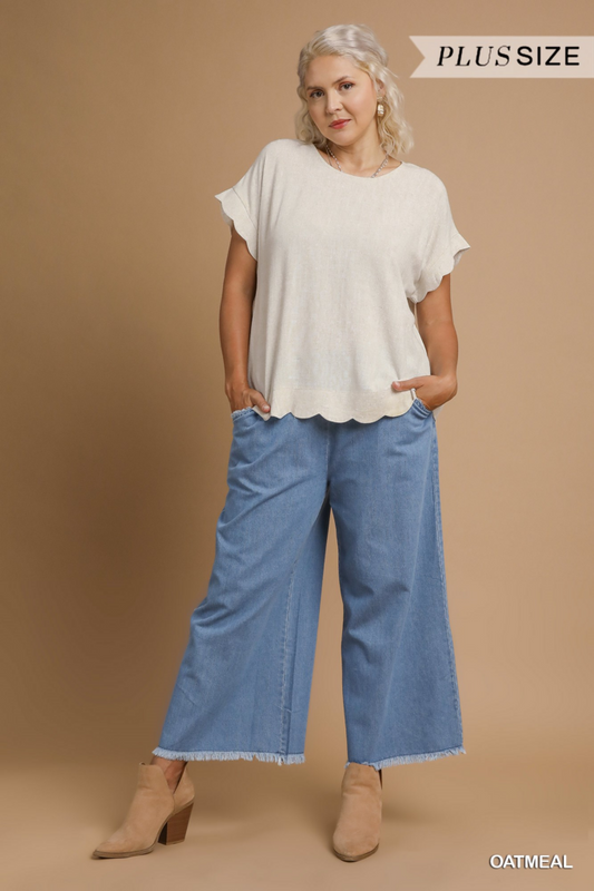 Scalloped Hem Linen Top- OATMEAL