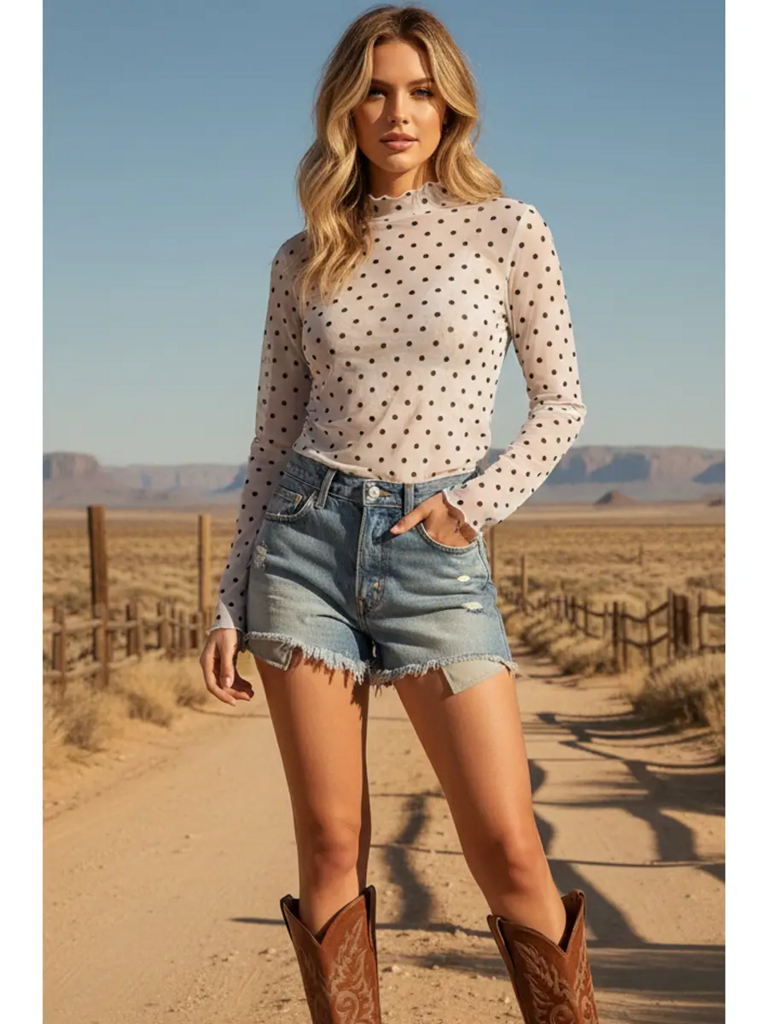 Polka Dot Mesh L/S Top WHITE