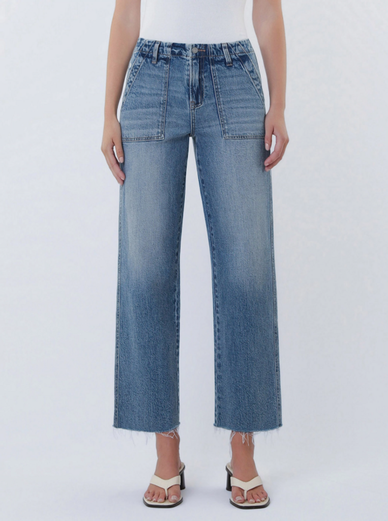 High Rise Patch Pocket Slim Wide Jeans
