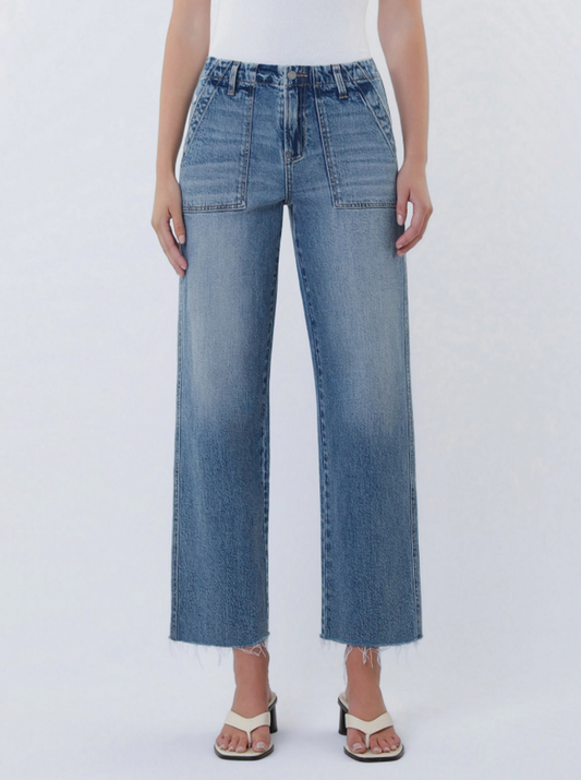High Rise Patch Pocket Slim Wide Jeans