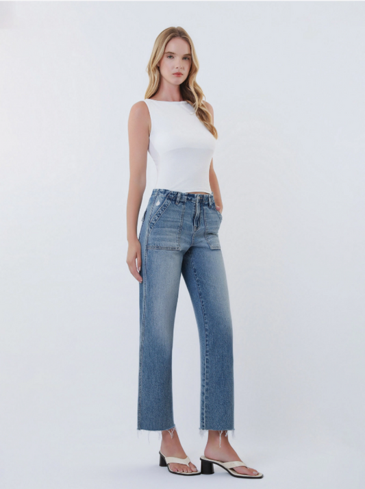 High Rise Patch Pocket Slim Wide Jeans