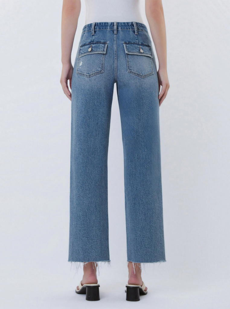 High Rise Patch Pocket Slim Wide Jeans