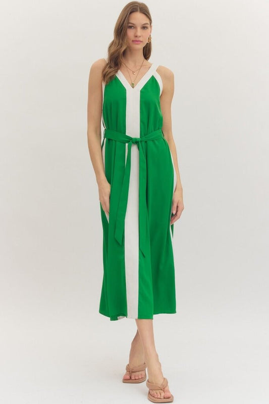 Contrast V-Neck Midi Dress