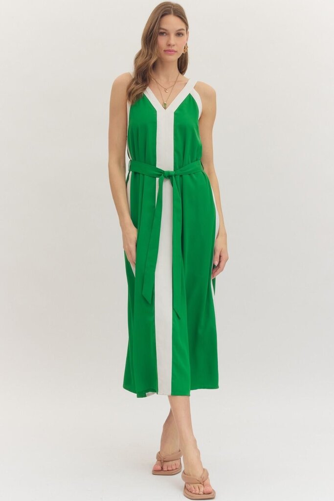 Contrast V-Neck Midi Dress