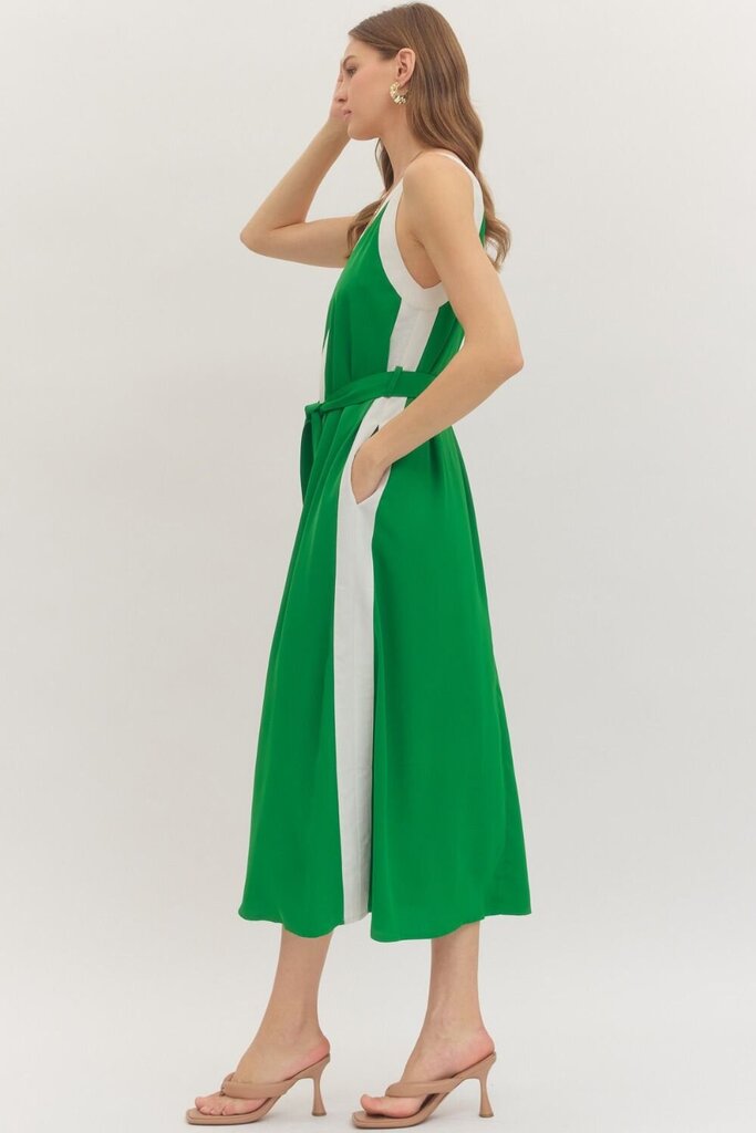 Contrast V-Neck Midi Dress