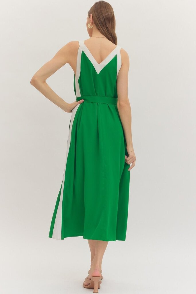 Contrast V-Neck Midi Dress